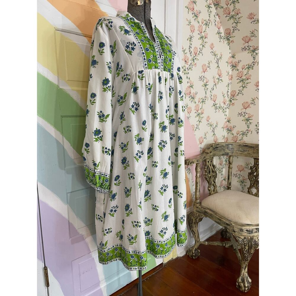 Victoria Dunn Blue Green Floral Kaftan Tunic Dress Medium Cotton - Picture 2 of 11